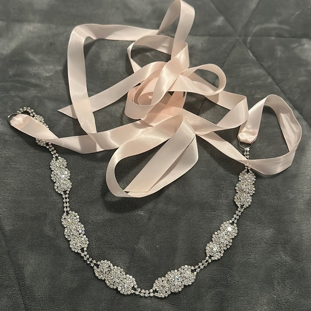 Rhinestone Adjustable Wedding Sash with Light Pink Tie